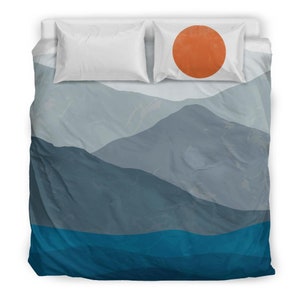 Modern Mountain Sunset Bedding Set – Abstract Blue Ocean Duvet Cover, Minimalist Landscape Comforter, Boho Artistic Bedroom Decor