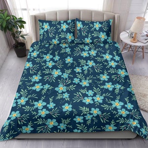 Blue floral bedding set cover, blue bedroom decor, turquoise flowers duvet cover, country house theme bed set duvet cover, blue decor