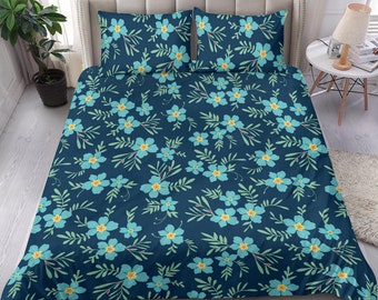 Blue floral bedding set cover, blue bedroom decor, turquoise flowers duvet cover, country house theme bed set duvet cover, blue decor