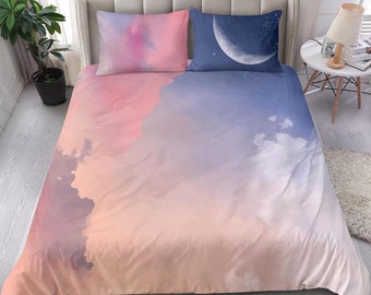 Wonderful Pink sky bedding set cover, Pink cloud during sunset with the moon, Abstract Artistic Night sky sunset, pink and peach bed cover