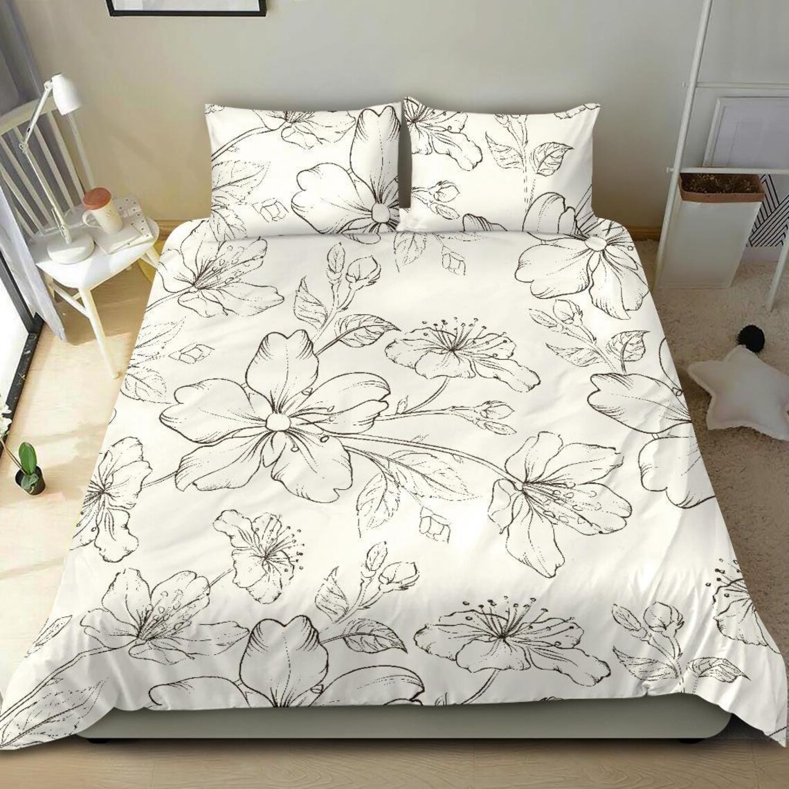White and Black Flower Bloom bedding set cover White Etsy