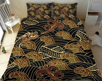 Black Oriental Japanese Dragon Luxurious brushed polyester fabric Bedding set duvet cover, cozy lightweight premium materials