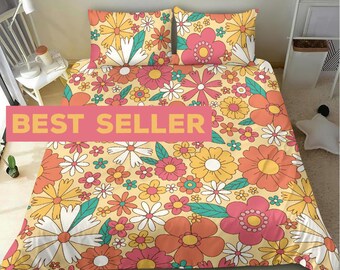 Warm Orange and Yellow Hippie Flower Field Bedding Set, 70's style bed set for a warm and cozy sleeps