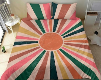 Modern Minimalist geometric rainbow sun Rayon bed set, colorful sunset, pink orange red blue yellow green colors of the sun