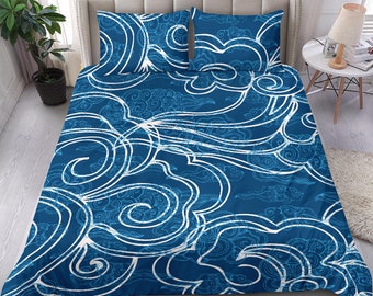 Ocean blue bedding set cover, japanese duvet cover, blue oriental bed set, blue wave bed set, California vibe bed set, tropical theme bed