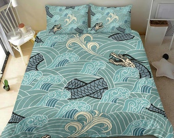 Blue Oriental Japanese Dragon bedding set, duvet cover made with polyester fabric ,cozy lightweight premium materials
