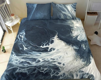 California beach Blue bedding set cover, ocean waves design for the best surfer bed, blue artistic bedroom decor bed set cover