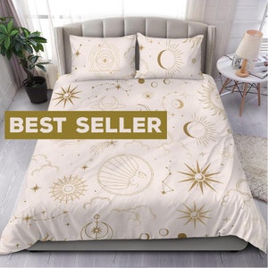 Perfect Bedding set for Magical Nights, Gold Sky, sun, clouds and constellation on a white background