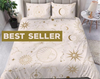 Perfect Bedding set for Magical Nights, Gold Sky, sun, clouds and constellation on a white background