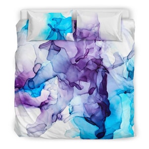 Purple Blue Abstract Art Bedding Set – Alcohol Ink Duvet Cover, Artistic Watercolor Design, Modern Bedroom Decor, Queen/King