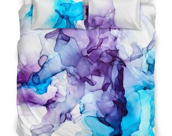 Purple Blue Abstract Art Bedding Set – Alcohol Ink Duvet Cover, Artistic Watercolor Design, Modern Bedroom Decor, Queen/King