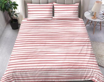 Pretty Pink and white stripes bedding set for a lovely girl bedroom decor, twin double queen king sizes that comes with 2 pillow cover