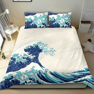 Vintage Oriental bedding set cover, Big blue wave duvet cover, Classic Japanese wave bed set, white bed set duvet cover with blue wave