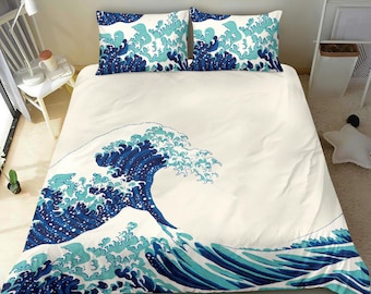 Vintage Oriental bedding set cover, Big blue wave duvet cover, Classic Japanese wave bed set, white bed set duvet cover with blue wave