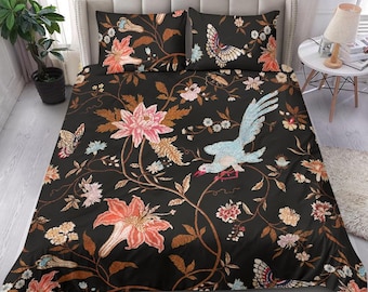 Fancy Black Boho Chic Flower Vines Bedding set with red flowers on orange vines and a pretty blue bird, butterfly on a black background