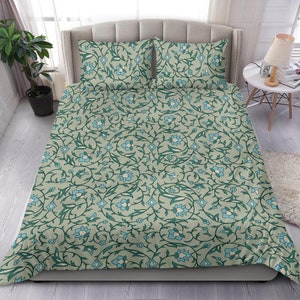 Fancy green and blue floral vines ornamental bedding set, white bed set with vintage flower design, double queen king designer bed cover