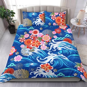 Blue oriental bedding set cover, Japanese bed cover with blue ocean waves and pretty pink and red flower pattern, Oriental floral bed cover