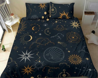 Magical Marine Blue and orange bedding set cover, constellation, snakes, sun and moon bed set cover