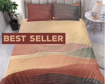 Warm Red and Orange Japanese Design with Lines and Waves Pattern Bedding set