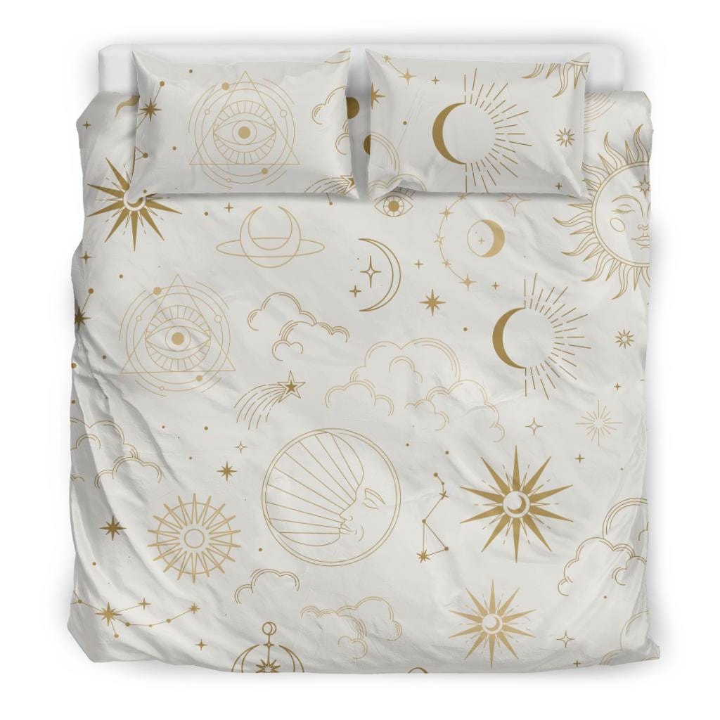 Celestial Gold Sun Moon Bedding Set – White Duvet Cover with Constellations, Star & Cloud Pattern, Modern Cosmic Decor, Queen/King
