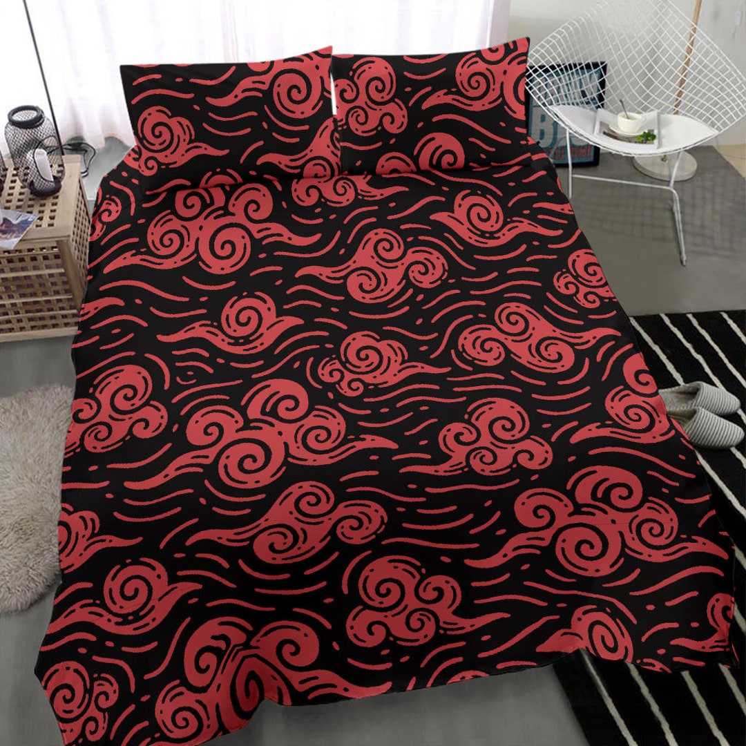 Black and Red Bedding Set, Black Oriental Bed, Cloudy Bedroom Decor ...