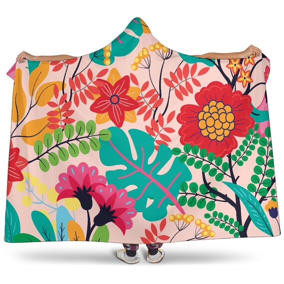 Floral Hoodie Blanket, Pretty 70's Style blanket, Retro Hoodie Blanket, Colorful floral blanket