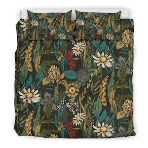 Wildflower Field Bedding Set – Boho Botanical Floral Duvet Cover, Green Nature Bed Set, Cottagecore Queen King Comforter, Cozy Bedroom Decor
