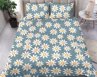 Blue Floral Duvet Cover Set: White Chamomile Flowers, 70s Hippie Style