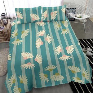Blue strips bedding set cover with white daisy, turquoise bed set cover, old school blue bed cover, vintage bed cover