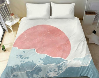 Boho landscape bedding set cover, ocean waves, pink moon bed set cover, blue and pink bed set cover