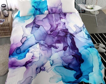 ART MEETS BEDDINGS with Artsy Purple and Blue Alcohol Ink, polyester Bed set duvet cover