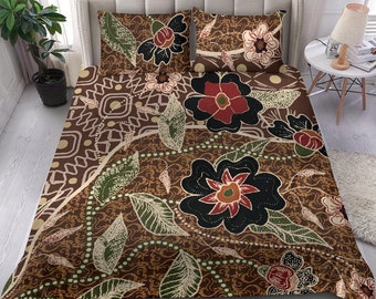 Traditional floral batik bedding cover, Oriental bed set cover, Japanese bedroom decor, brown duvet cover with red flower, boho-chic bedding