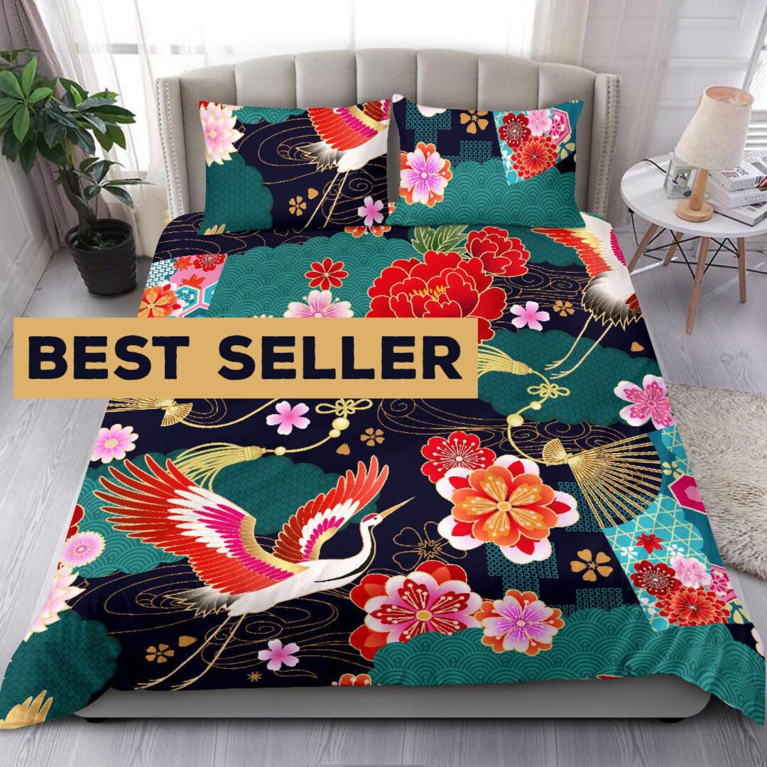 Fancy Colorful Oriental Bedding Set Cover, White and Red Crane on Black