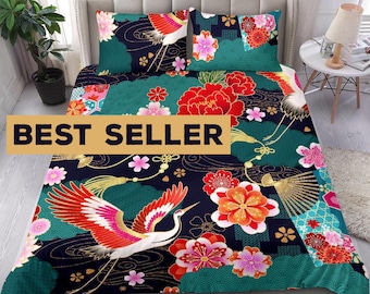 Fancy Colorful Oriental bedding set cover, white and red crane on black bed cover with floral fantasy, red, pink and blue flowers