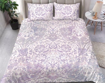Vintage Purple Boho bedding set cover, holographic white and purple bed cover, white bedding set with floral ornamental, fancy chic bohemian