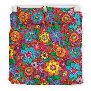 Psychedelic 70s Flower Power Bedding Set – Colorful Retro Hippie Duvet Cover, Groovy Red Yellow Blue Vintage Floral Bedspread