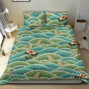 Green and Blue Japanese Oriental bedding set with linear patterns and white Sakura flowers