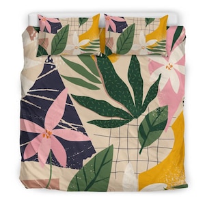 Modern Abstract Floral Bedding Set – Colorful Boho Botanical Duvet Cover, Pink Yellow Green Leaves, Trendy Flower Bed Set Queen King