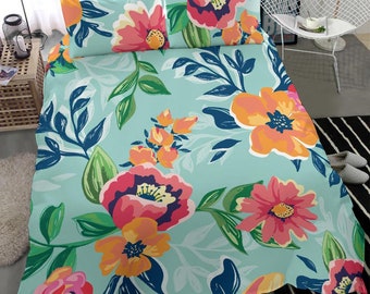 Summer Time Flowery Bedding Set, Pink and Orange Flower on Light Blue Background bed set, warm cozy bedding cover for sunny morning