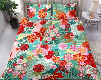 Blue Turquoise Oriental bedding set cover, Pretty red and pink floral design with folding fan design