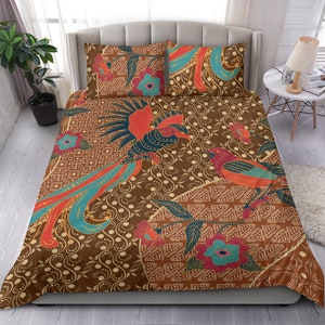 Asian traditional floral duvet cover, bird bedding set, batik motifs, oriental bed set duvet cover, pink, orange, brown bed set, boho-chic