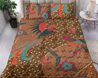 Asian traditional floral duvet cover, bird bedding set, batik motifs, oriental bed set duvet cover, pink, orange, brown bed set, boho-chic