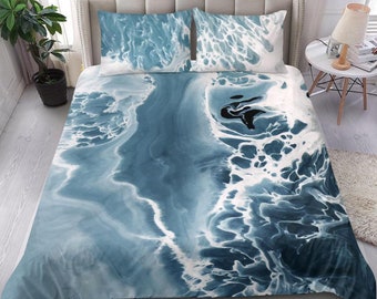 Perfect Blue bedding set cover, ocean waves design for the best surfer bed, blue bedroom decor bed set cover with white artistic waves