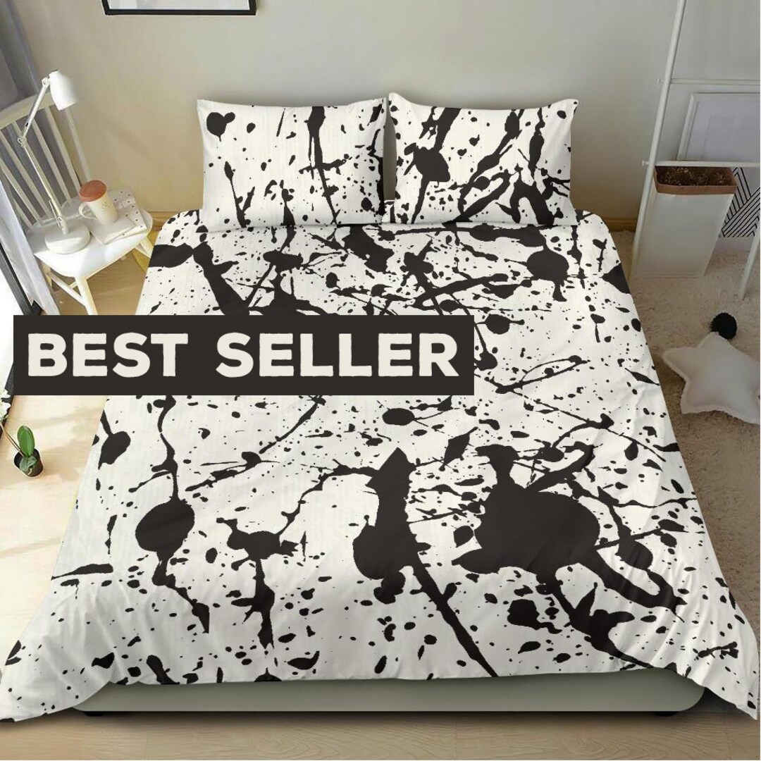 Black and White Artistic Paint Bedding Set Cover, Black Paint Splash on