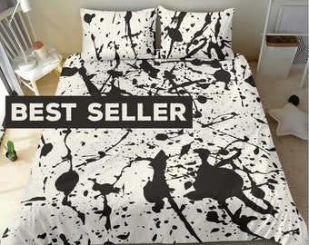 Black and White Artistic Paint bedding set cover, black paint splash on white bed set cover, grunge artistic look, art paint bedroom decor