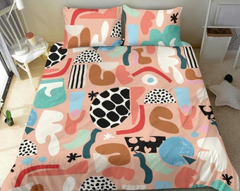 Artistic Abstract bedding set cover, creative bed, peach bedding set, turquoise shapes bed, original fun bed set duvet cover