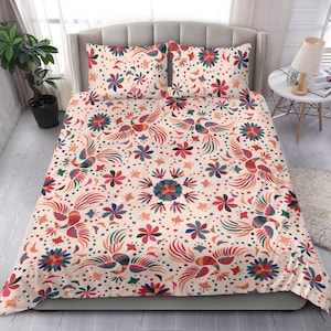 Pretty colorful Mexican bed set, pink red orange and turquoise floral and bird ornamental, pink bedding set for the best of dreams