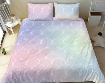 Cute Purple and blue Mermaid bedding set duvet cover, Purple and blue tie dye fish skin pattern bed set, pink fantasy oriental bedroom decor