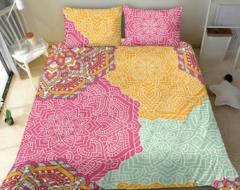 Indie Mandala Bedding set cover, orange pink and blue bed set cover, geometric bed cover, hippie 70's style bed