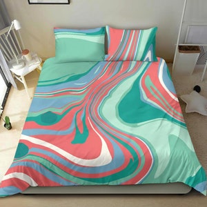 Trendy contemporary blue red and turquoise bedding set cover, fluid artistic bed set cover, creative bedroom decor